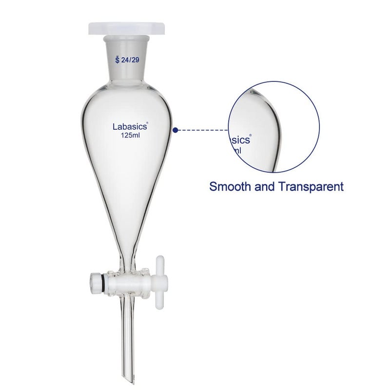 Labasics Conical Separatory Funnel, 125 ml Heavy Wall Borosilicate Glass Separating Funnel with 24/29 Joints and PTFE Stopcock - Image 3
